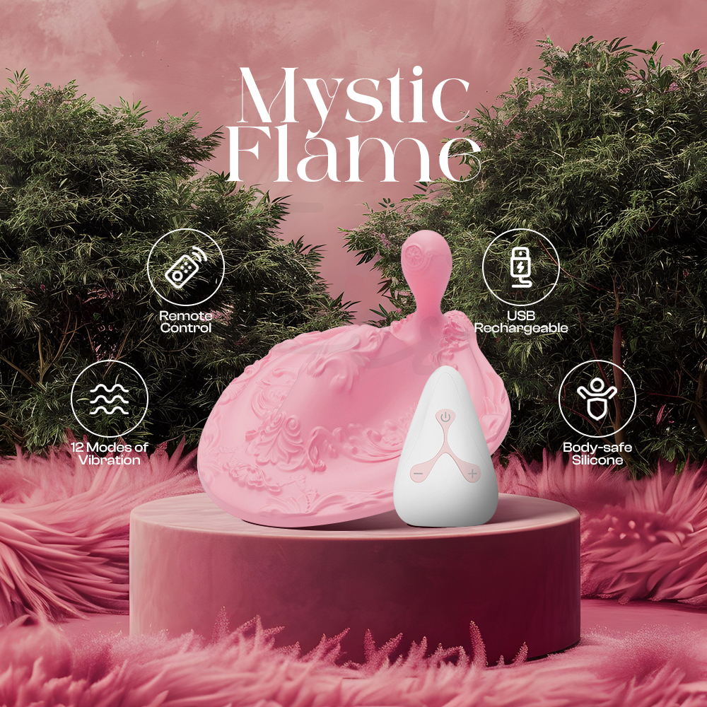 Mystic Flame pink stimulation mat with anal vibrator showing features icon.
