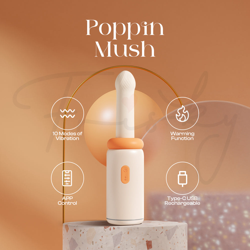 Vibrator displayed upright on stone block with feature icons surrounding it.