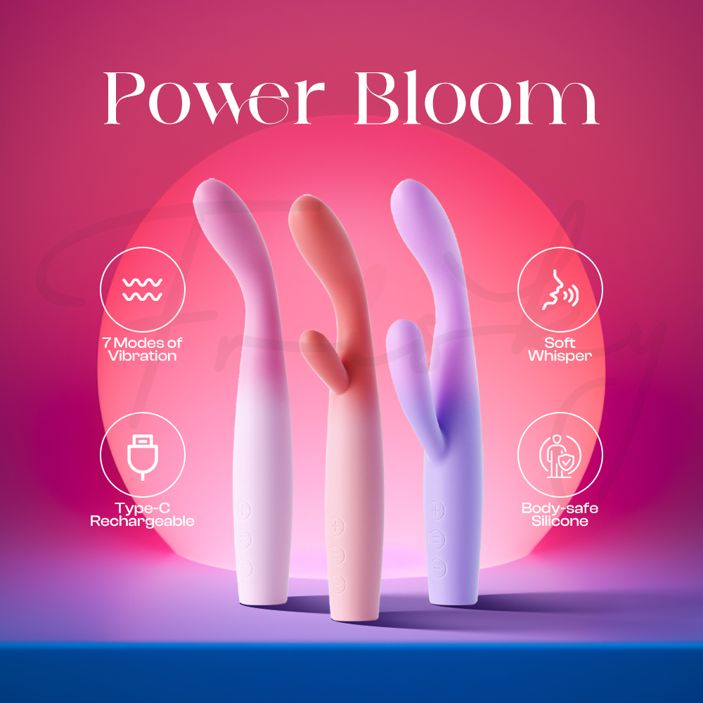 Promotional graphic for "Power Bloom" showing three color options with icons highlighting dual motors, ergonomic design, and 7 vibration modes.