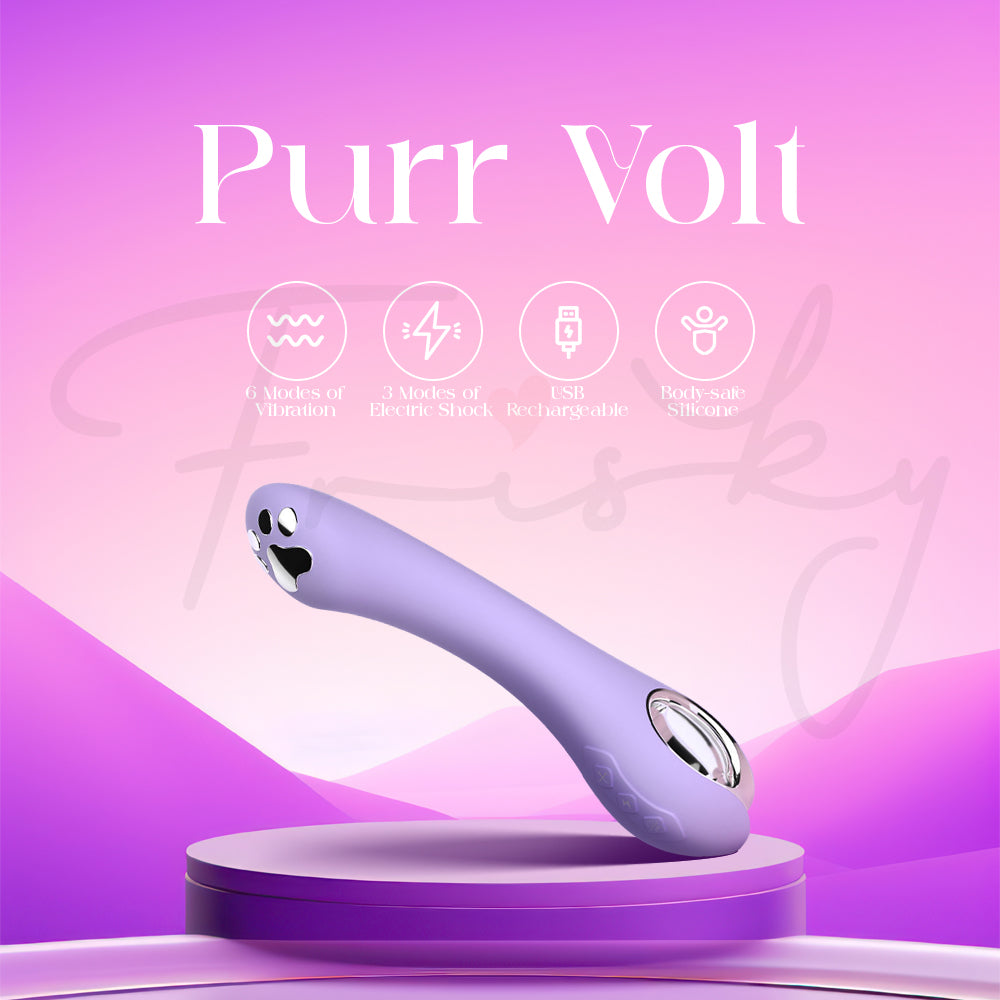 Purr Volt hero shot on pink pedestal with icons and name.