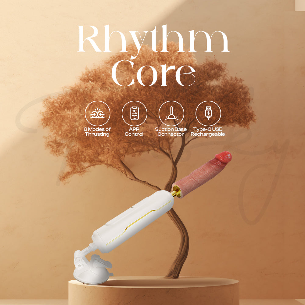 Rhythm Core device displayed against warm beige background with feature icons