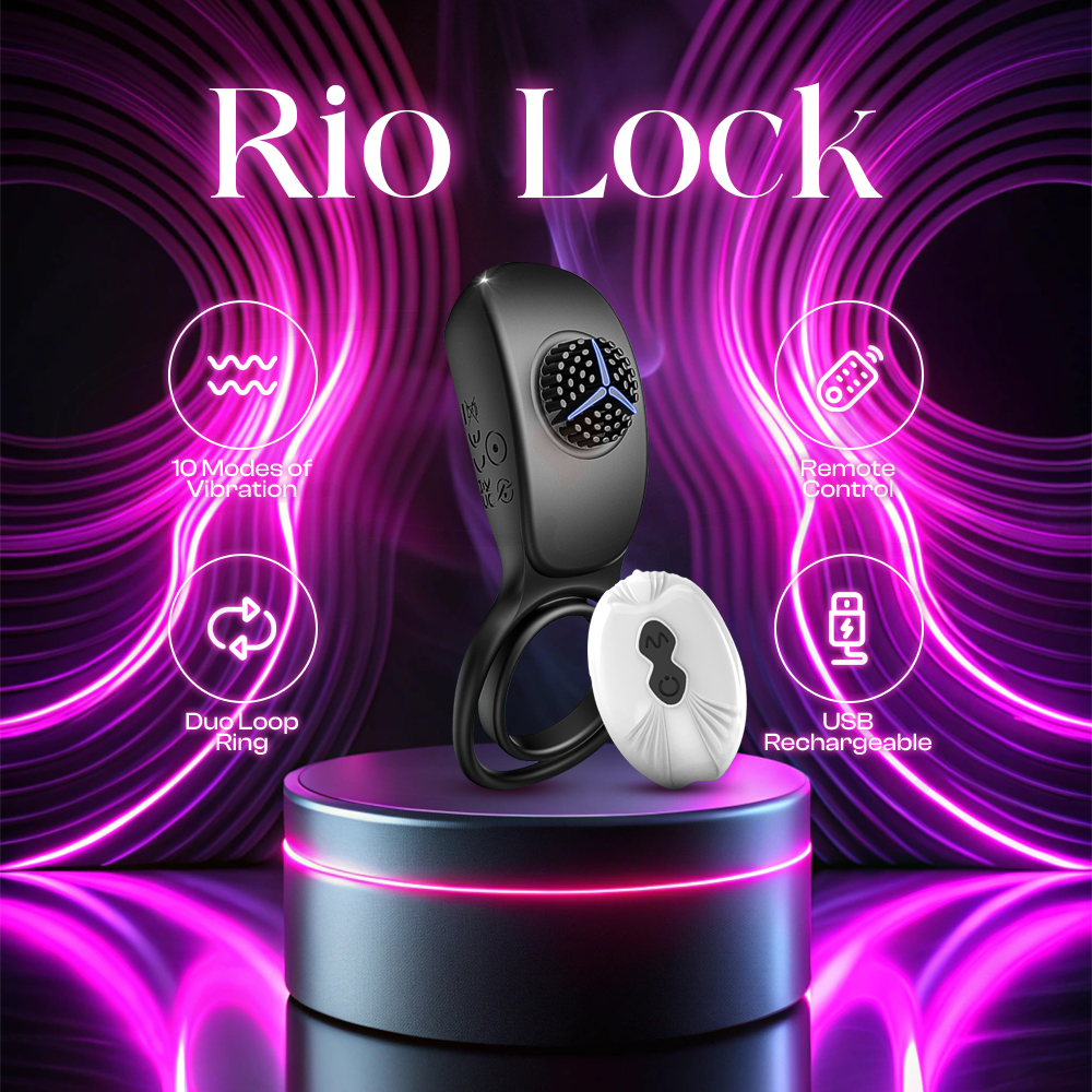 Cock ring vibrator showcased with product name “Rio Lock” in bold design and with features icon.