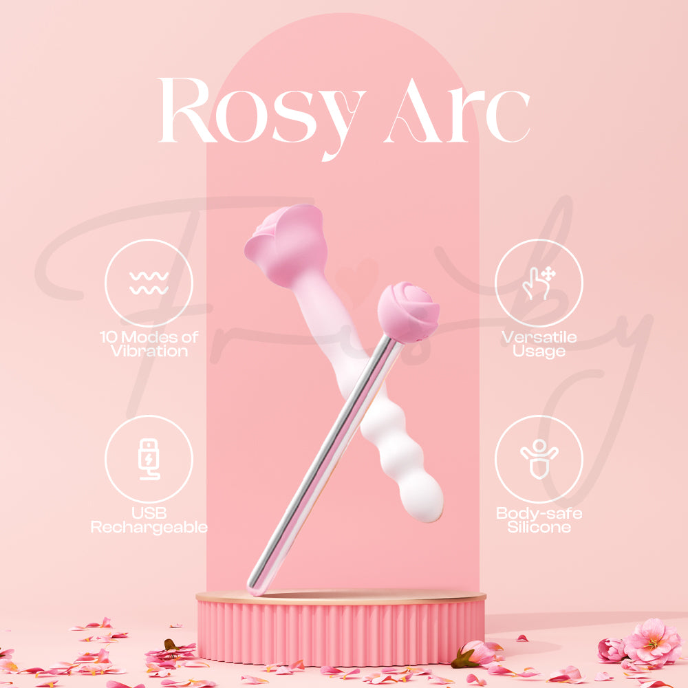 Elegant Rosy Arc massager showcased with rose ombre design and curved silhouette.