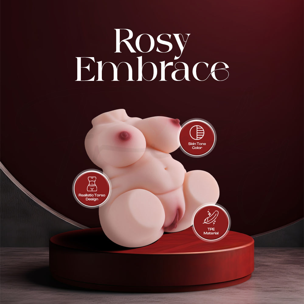 Rosy Embrace realistic torso displayed on podium with product name and feature highlights