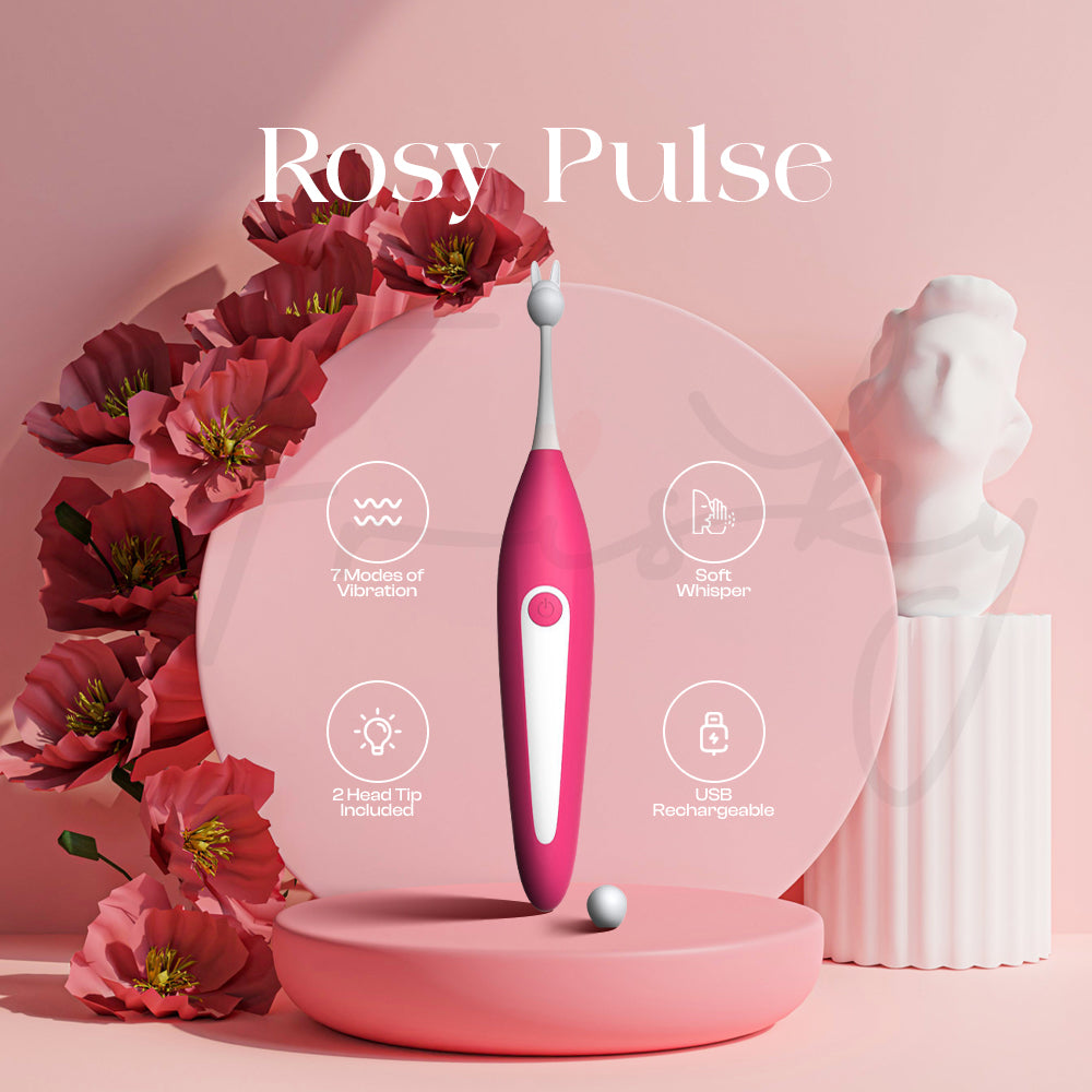 Rosy Pulse elegant pleasure pen vibrator displayed with rose-themed background
