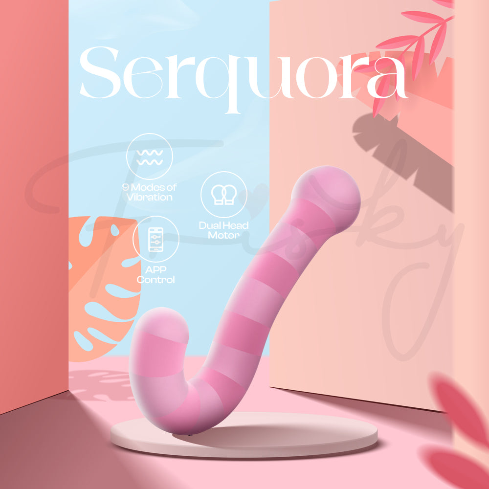 Serquora pink dual vibrator displayed gracefully with soft lighting highlighting its unique curved design