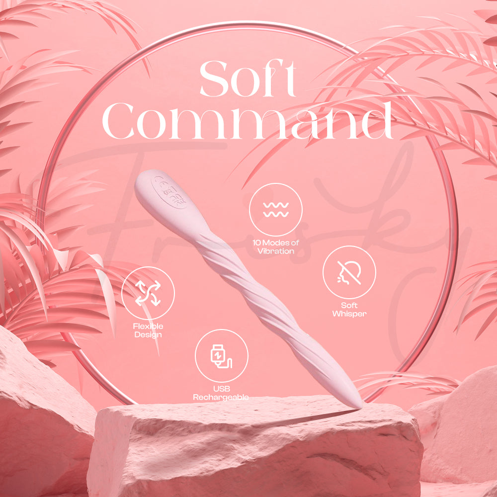 Soft Command vibrator showcased with elegant pink background and stylish text overlay