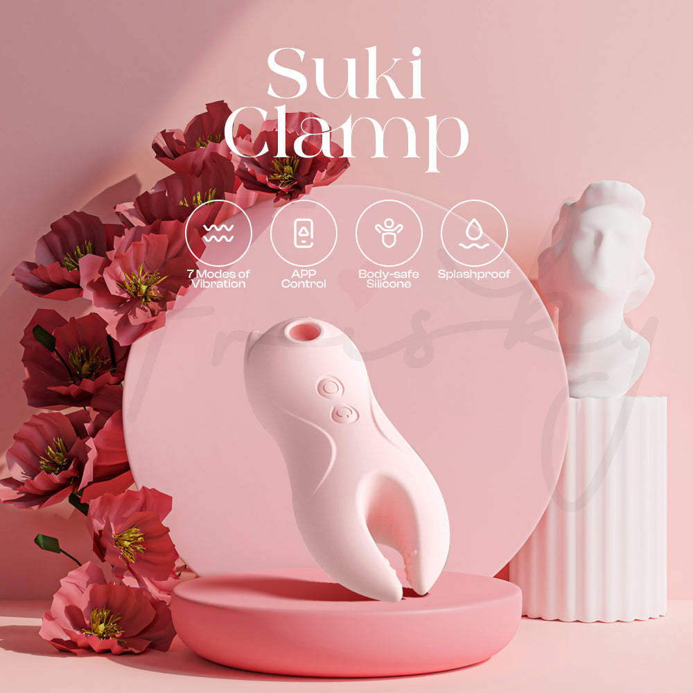 Pink clitoral vibrator showcased upright among soft flowers with icons highlighting its key features.