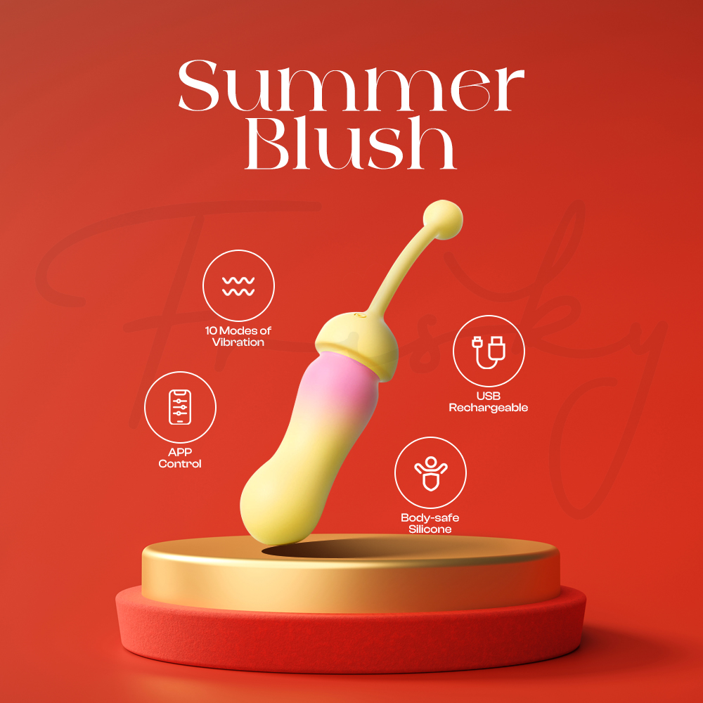 Summer Blush app-controlled vibrator in yellow and pink gradient. Feature highlights include 10 vibration modes, USB charging, and body-safe silicone construction on a premium red and gold display.