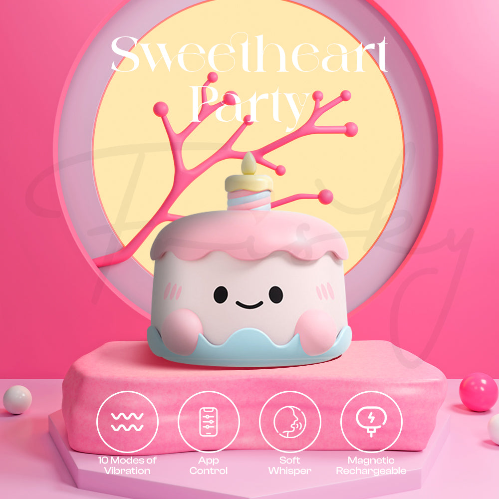 Pink cake-inspired device with playful design displayed on colorful party-themed background