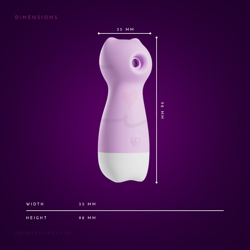 Cat-shaped suction stimulator on a dark purple background with dimension labels — 35mm width, 98mm height