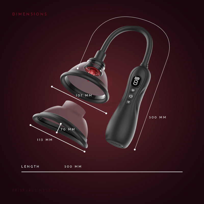 Black neckband with microphone and control buttons on a dark red background with measurements.