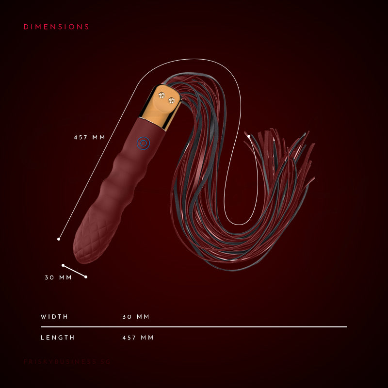 Measurement chart of a leather flogger with dimensions on a dark background