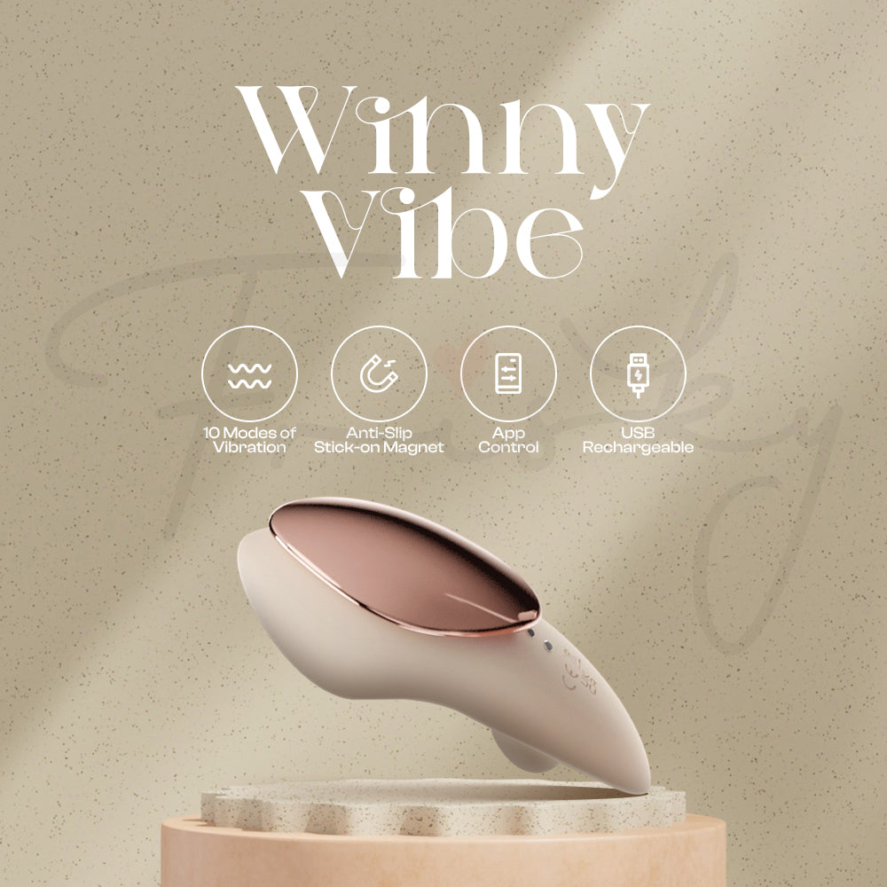 Winny Vibe wearable pleasure device displayed with elegant branding and neutral tones