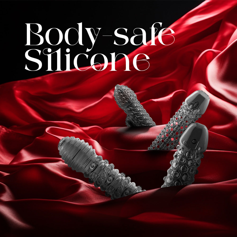 Textured silicone sleeves displayed on red satin background