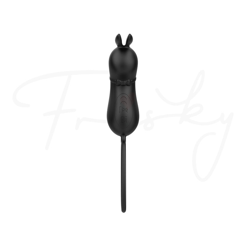 Black rabbit vibrator's flexible arm shown extended on a plain white background