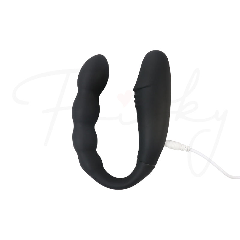 Black U-shaped vibrator standing upright on a plain white background, shown from a second angle