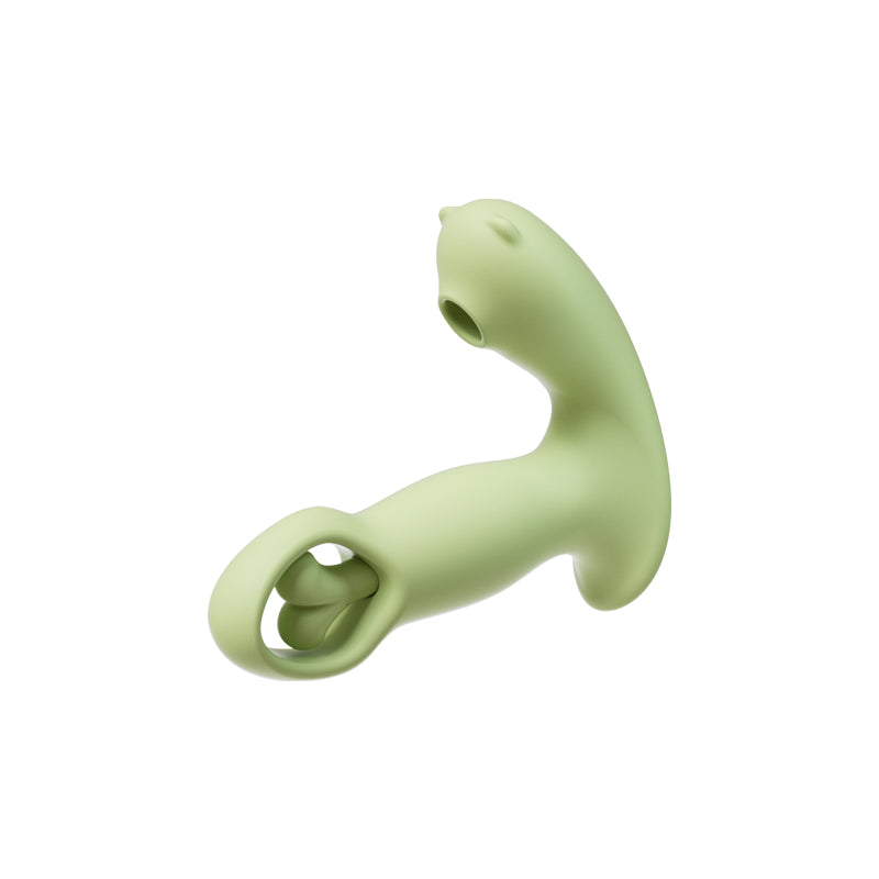 Sage green curved wearable vibrator with a rounded arm and oval suction opening, white background