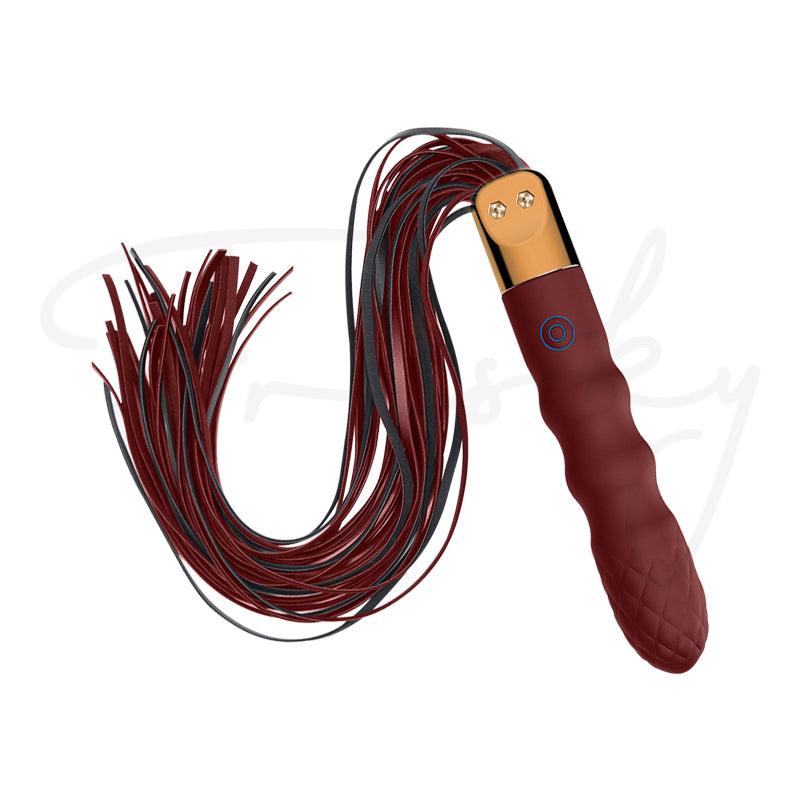 Maroon leather鞭 with gold handle on a white background