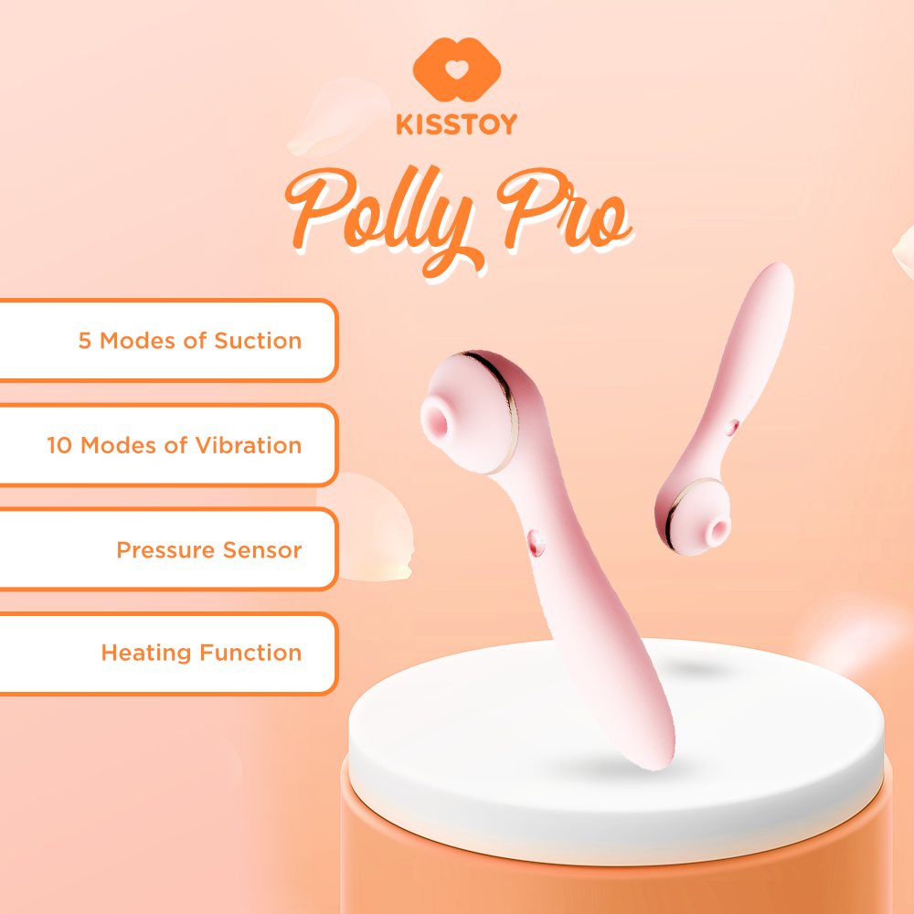 Kisstoy Polly Pro product on a peach background with features listed.