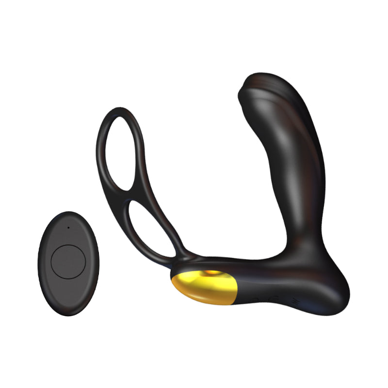 Black prostate massager with dual rings and gold accent, shown with remote control.