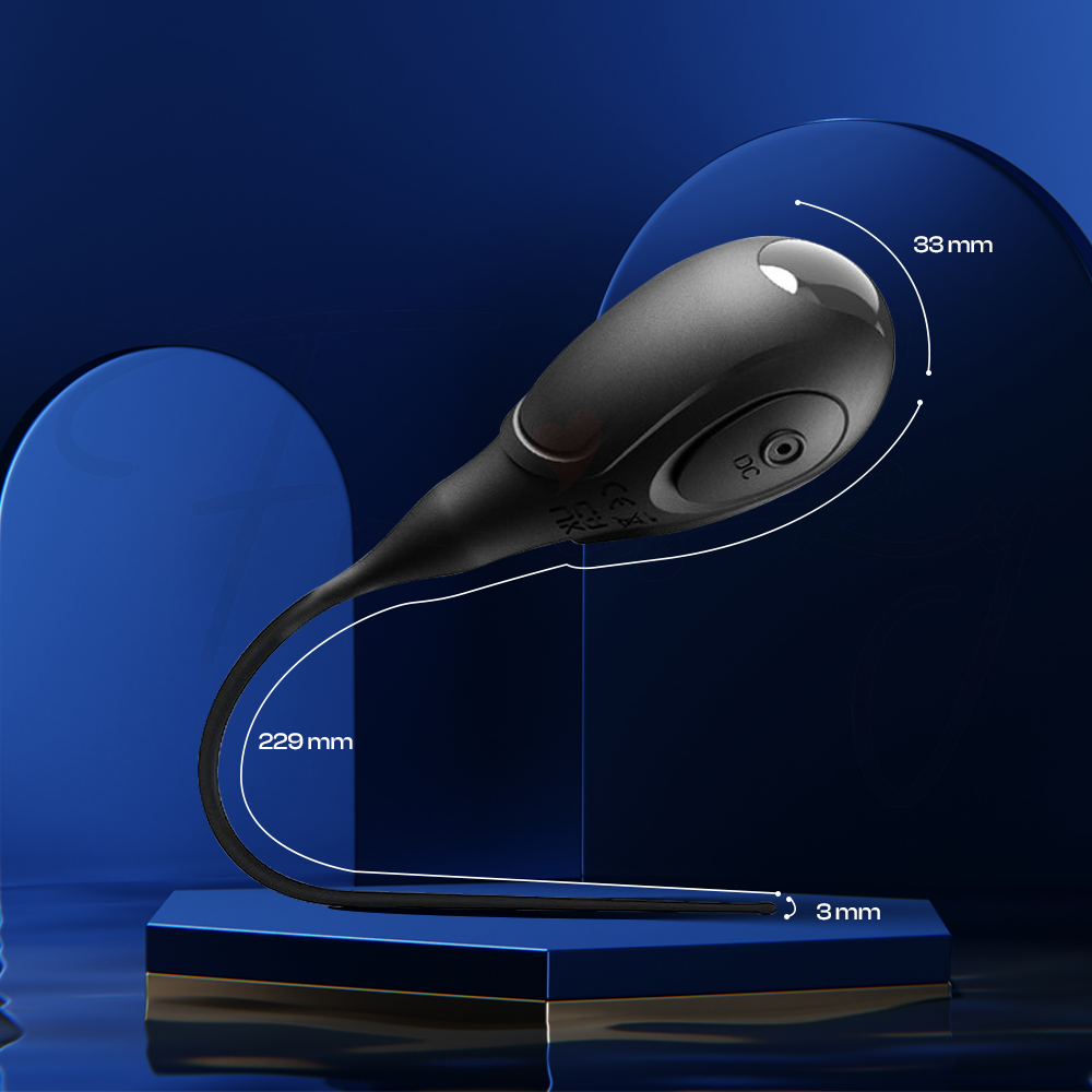 Black Axis One vibrator displayed elegantly on a stand with curved profile visible and size dimension.