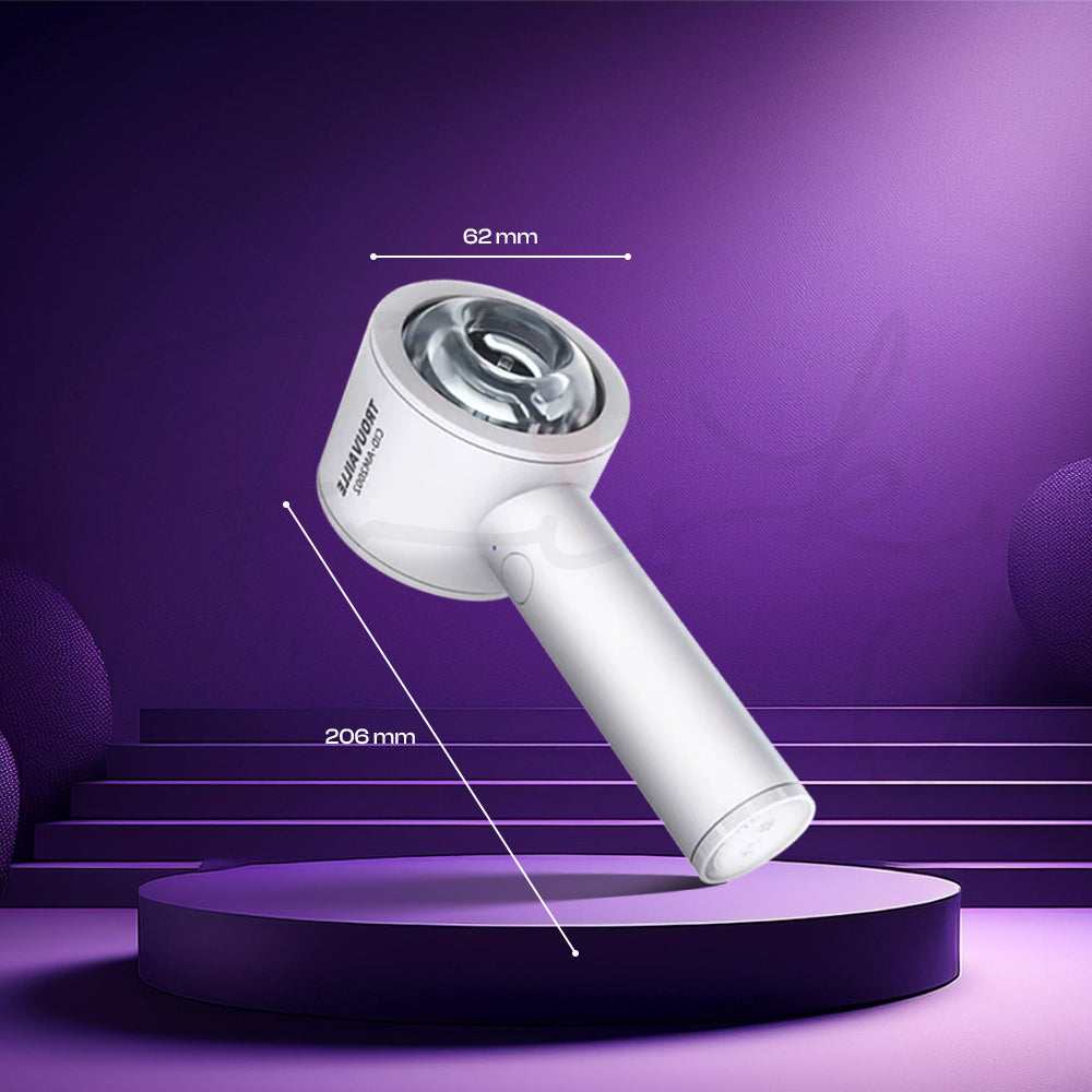 White handheld device with measurements on a purple background