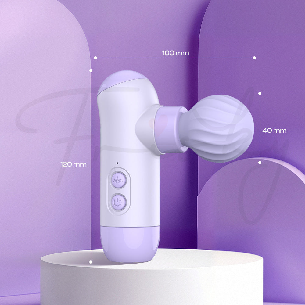 Massage gun inspired vibrator standing on pedestal in modern minimalist setting