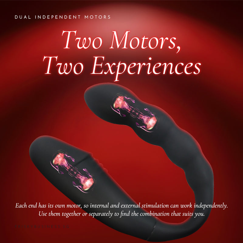 Two Motors, Two Experiences graphic showing the black vibrator with glowing pink motor zones