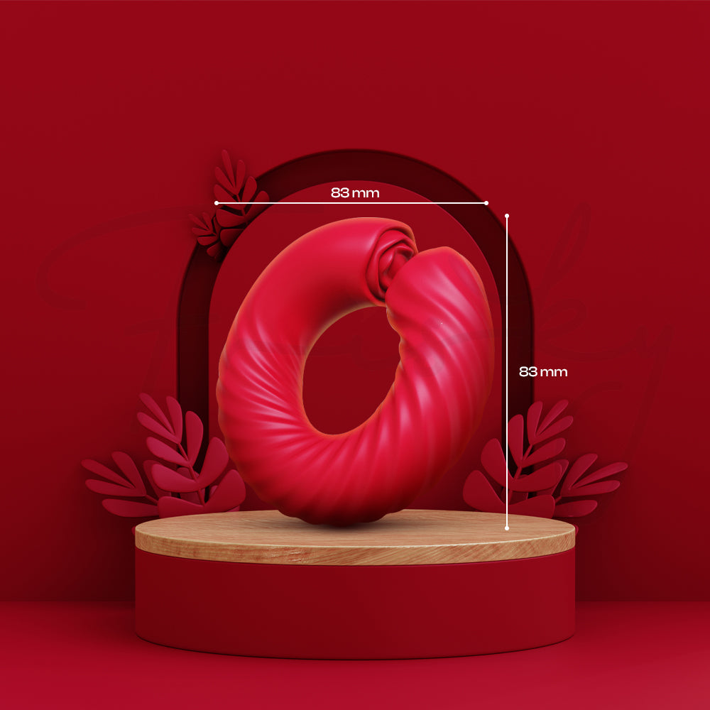 Rechargeable rotating silicone cock ring presented on modern display platform