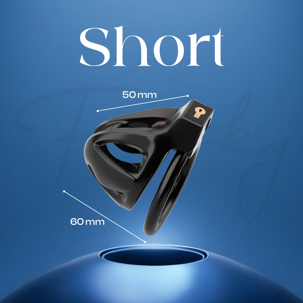 Short version of the Dragon Lock metal chastity cage measuring 60mm by 50mm