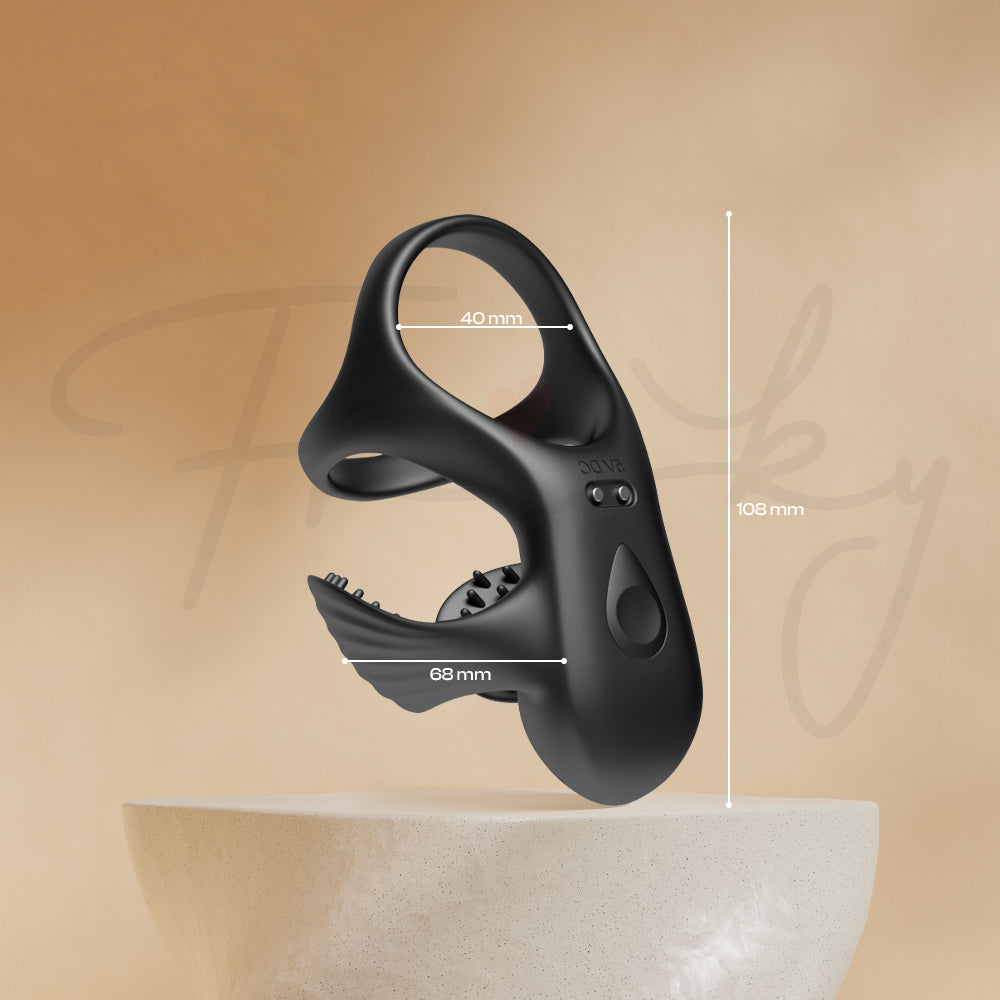Draven APP-controlled vibrating cock ring displayed with measurement