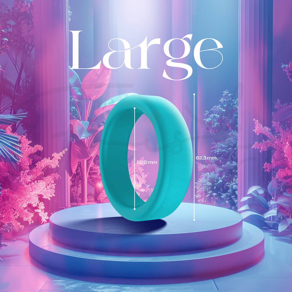A large turquoise silicone ring displayed upright on a glowing circular pedestal.