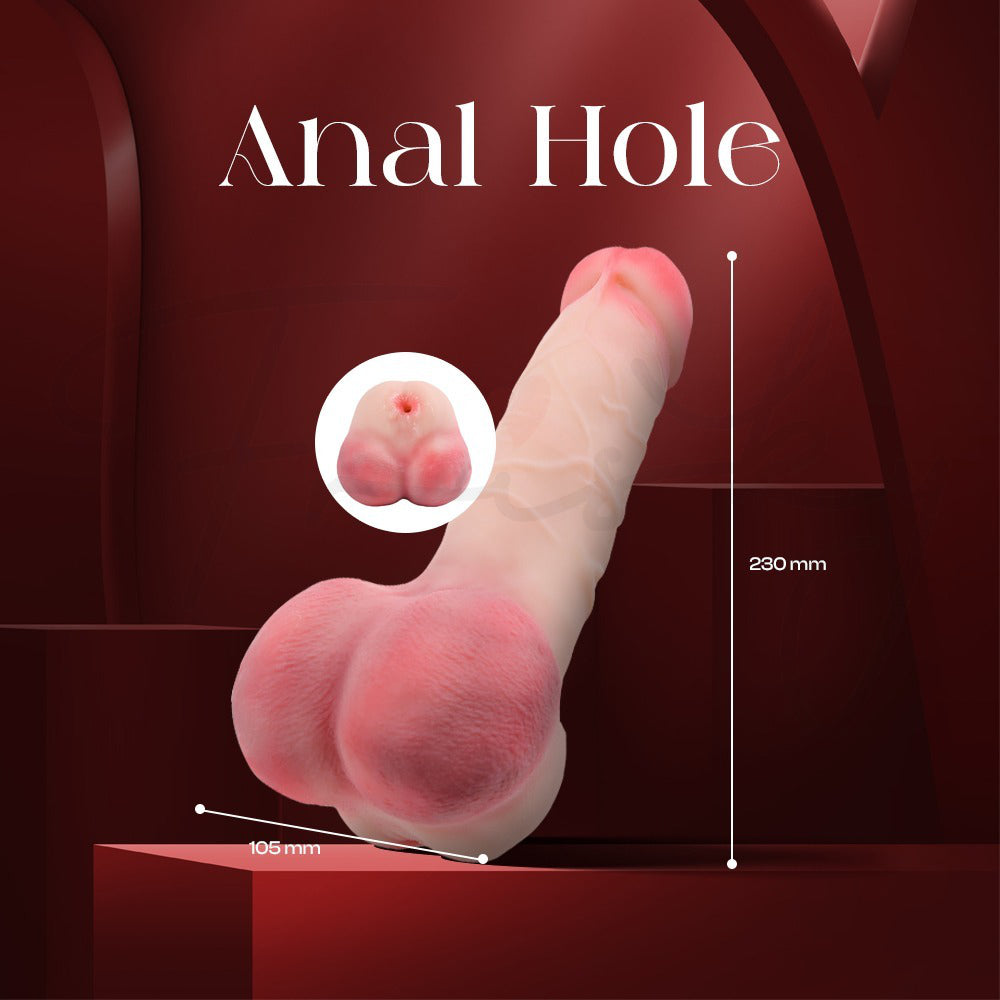 Illustration of an anal hole, showing measurements on a red background.
