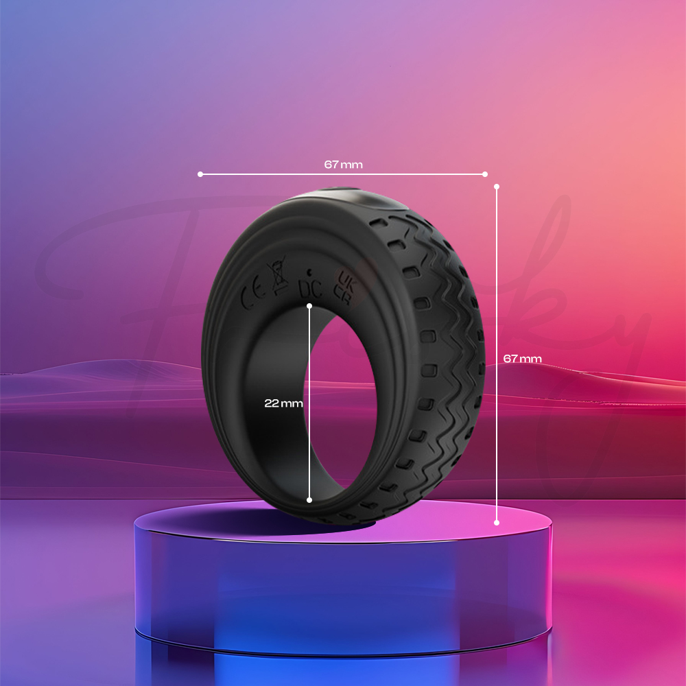 Rechargeable vibrating ring standing upright on blue platform with gradient background