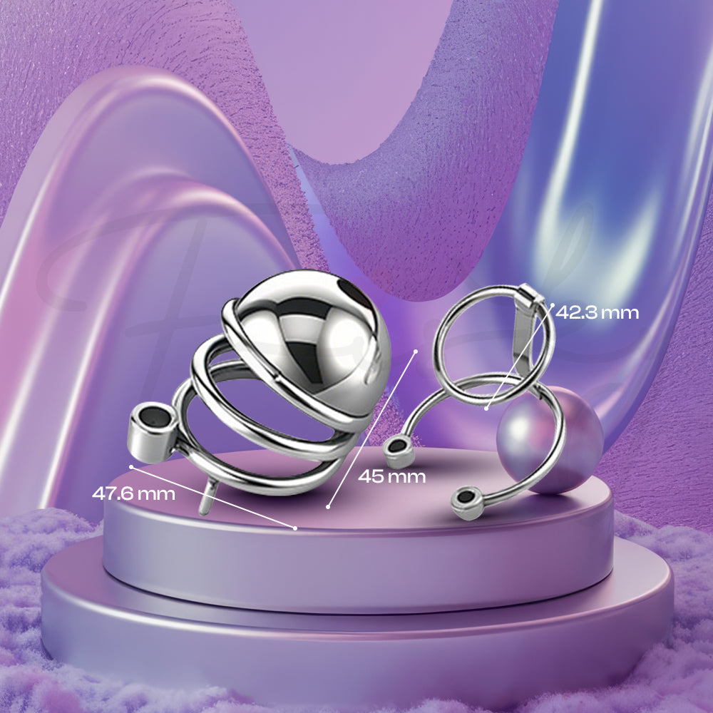 Close-up of Eternal Bond chastity cage featuring measurements
