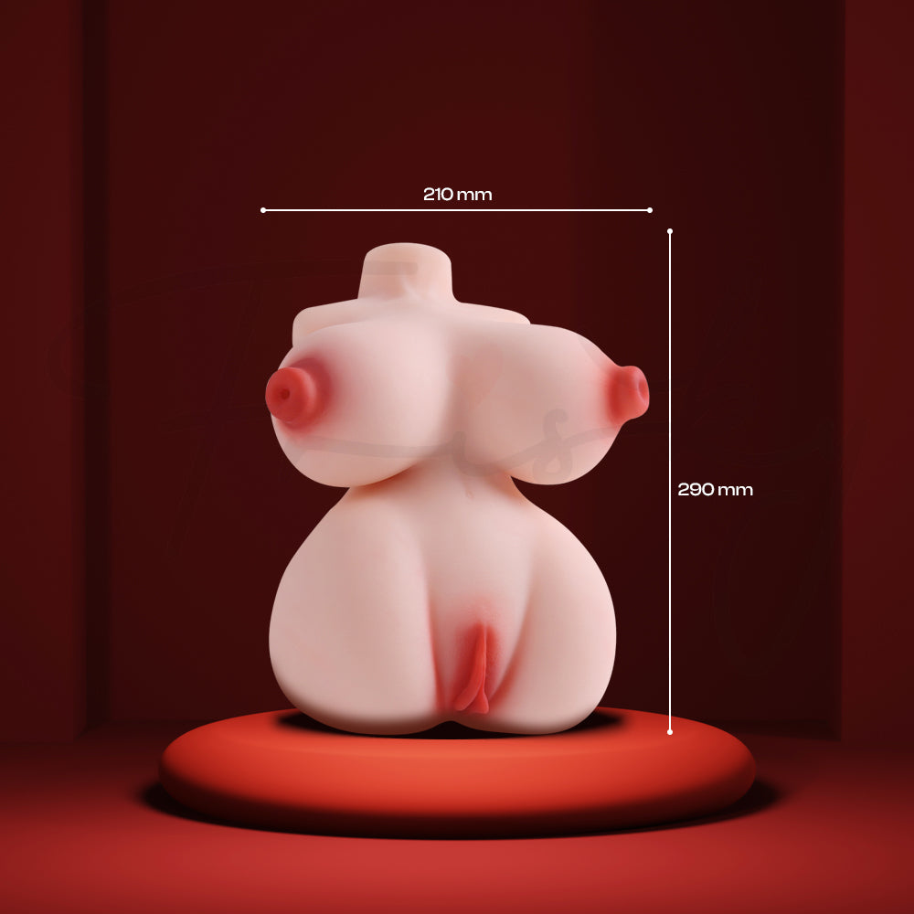 Skin Tone mastubator with pink accents on a red platform against a dark red background, with measurements indicated.