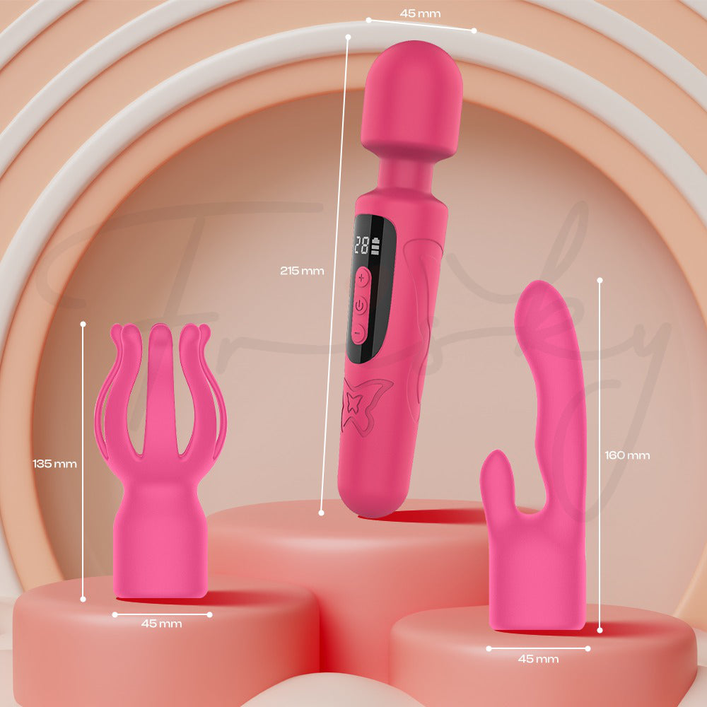 Liora wand shown with interchangeable breast grip sleeve attachment on display platform.