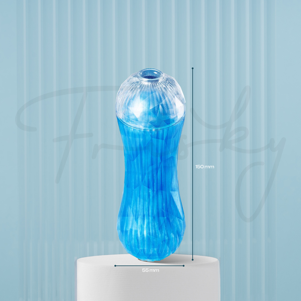 Blue textured ergonomic bottle displayed upright with visible 150 mm height and 55 mm width.