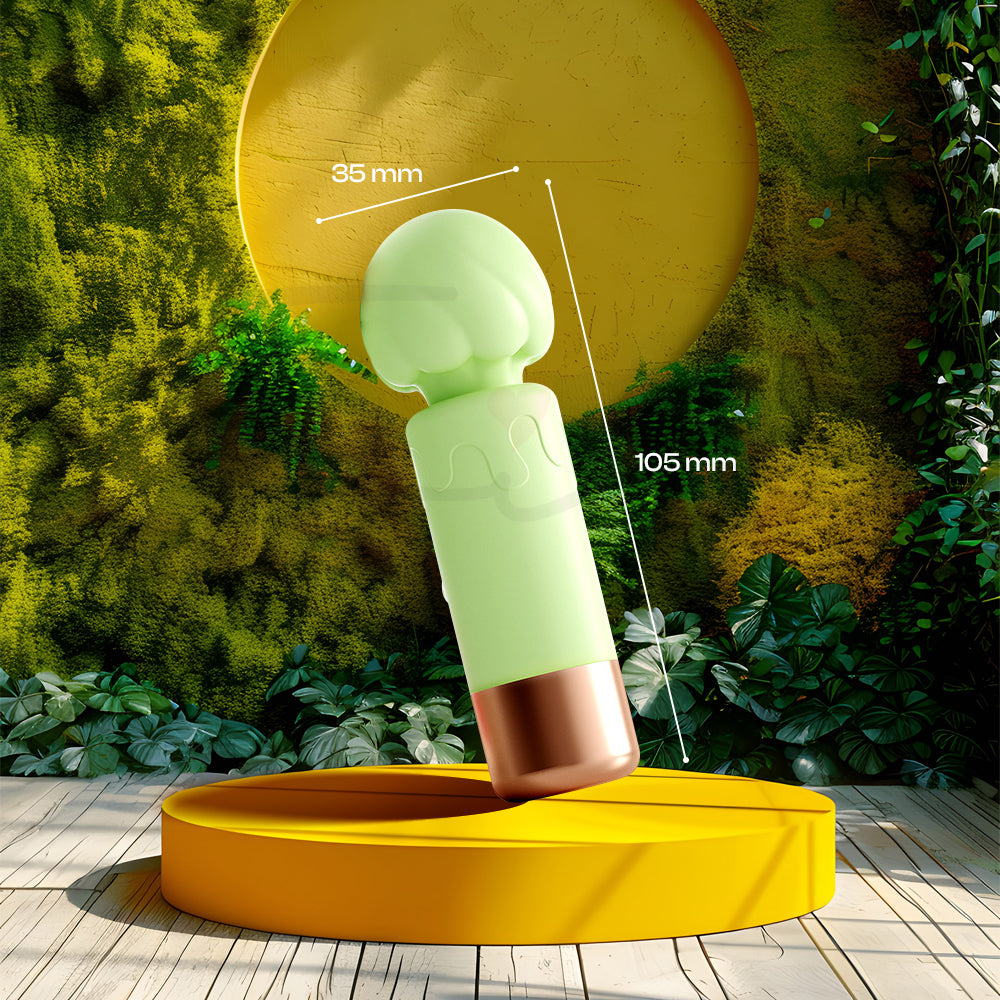 Compact green vibrator standing on a yellow platform under bright natural sunlight