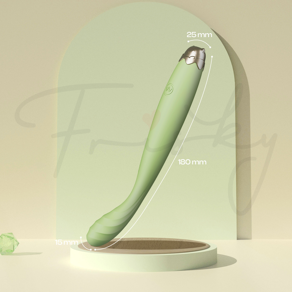 Green Numi vibrator displayed upright showing size dimension.