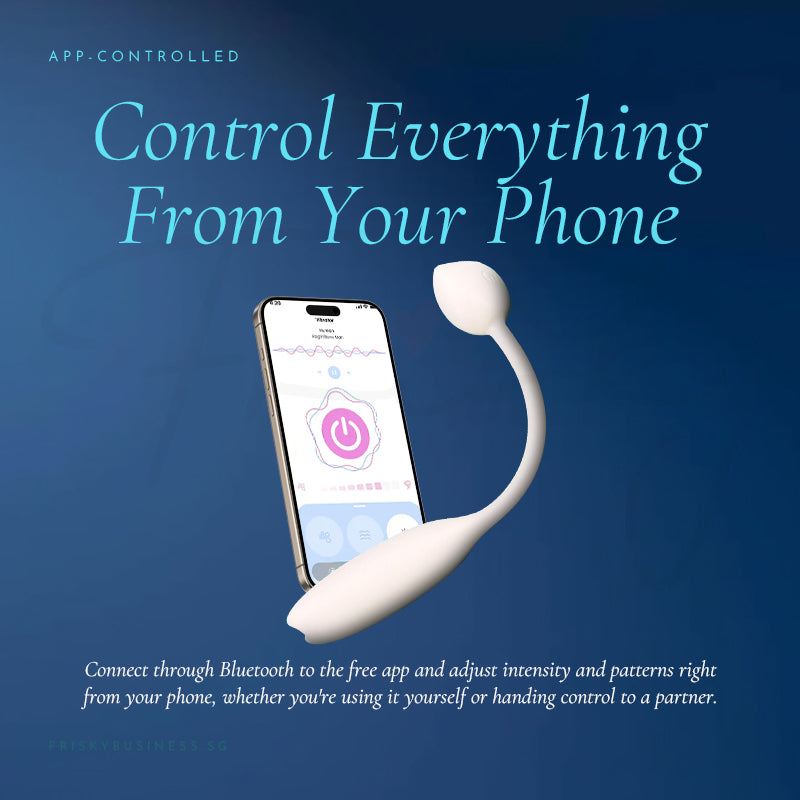Control Everything From Your Phone graphic with a smartphone app screen beside the ivory vibrator