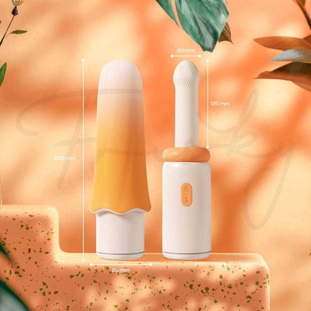 Vibrator resting elegantly beside plants and stone decorations in warm sunset lighting.