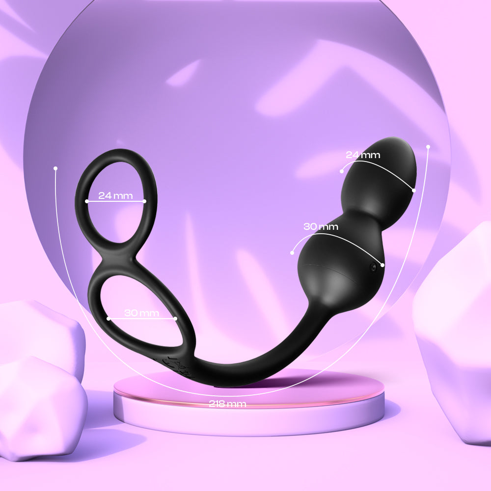 Black anal beads displayed on soft purple background highlighting flexible design and curved handle