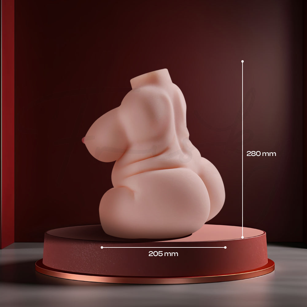Compact realistic torso shown on pedestal with size measurement guide and side profile view