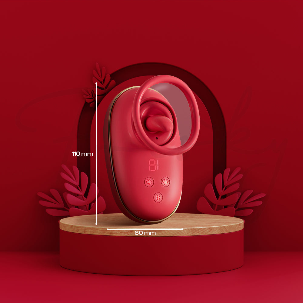 Scarlet Kiss red triple stimulation toy displayed on minimal podium with clean backdrop