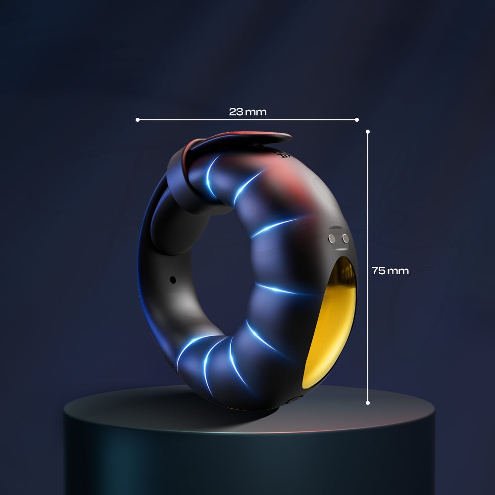 Shared Vibe ring with labeled dimensions showing compact circular shape and smooth build.