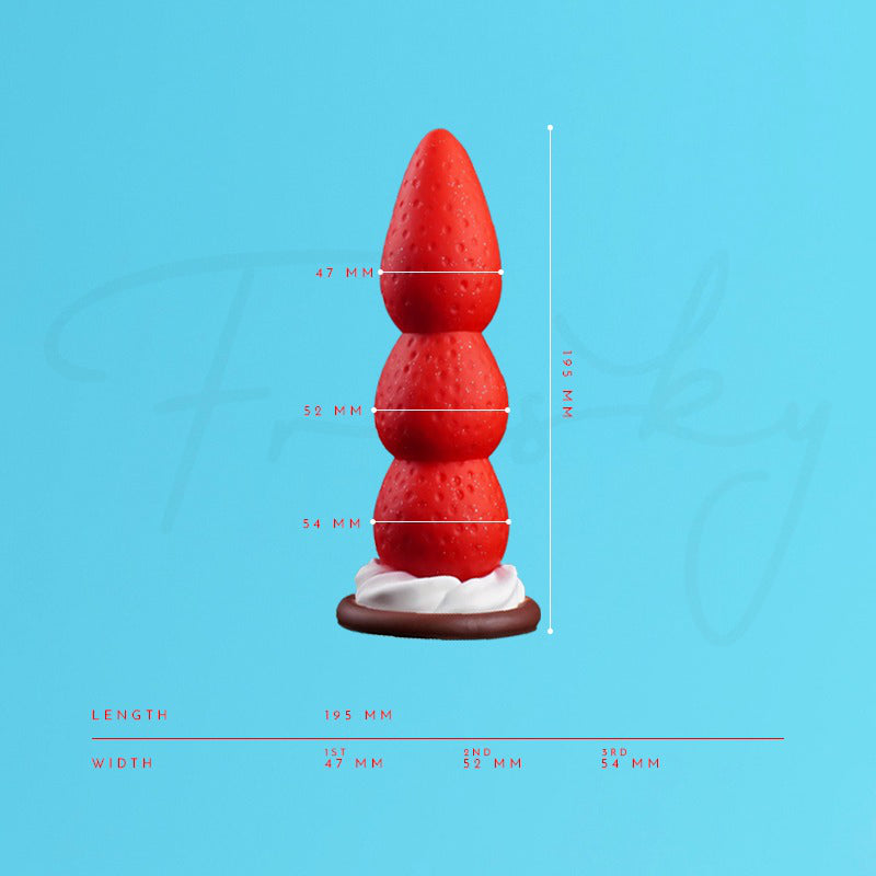 Size chart with the strawberry tower plug on a light blue background and dimension lines