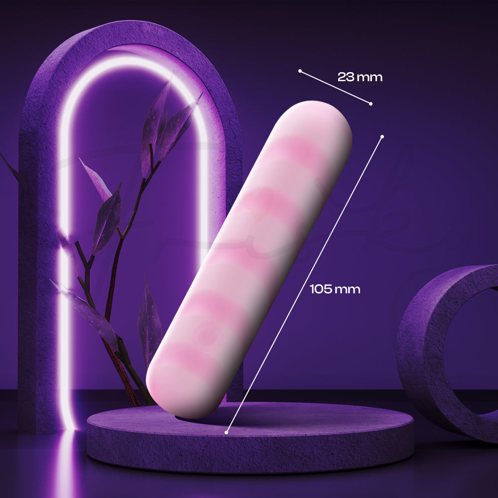 Pink vibrator displayed on a purple platform with soft glowing neon highlight behind it.