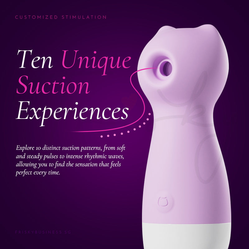 Purple suction device with text on a purple background